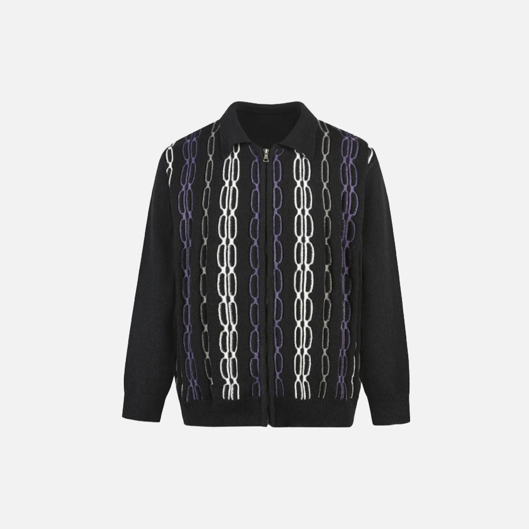 Front view of the black Cable Knit Zip-Up Sweater in a gray background 