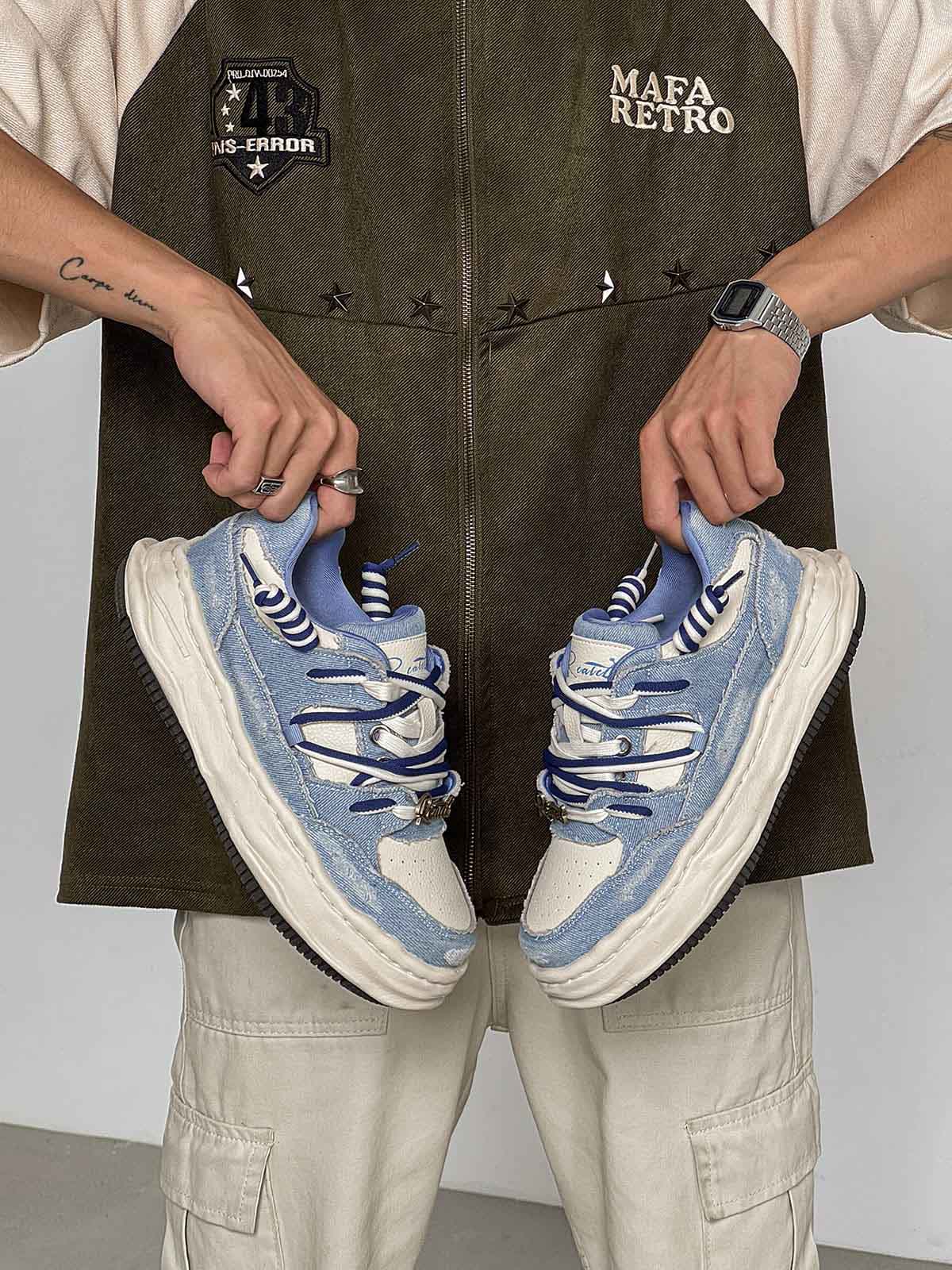 Nakış Yazılı Eskitme Denim Platform Sneaker