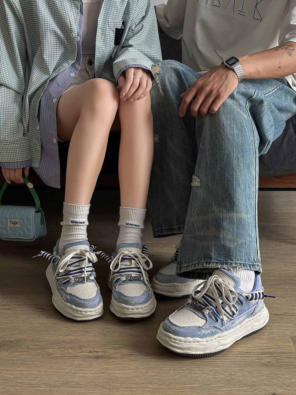 Nakış Yazılı Eskitme Denim Platform Sneaker