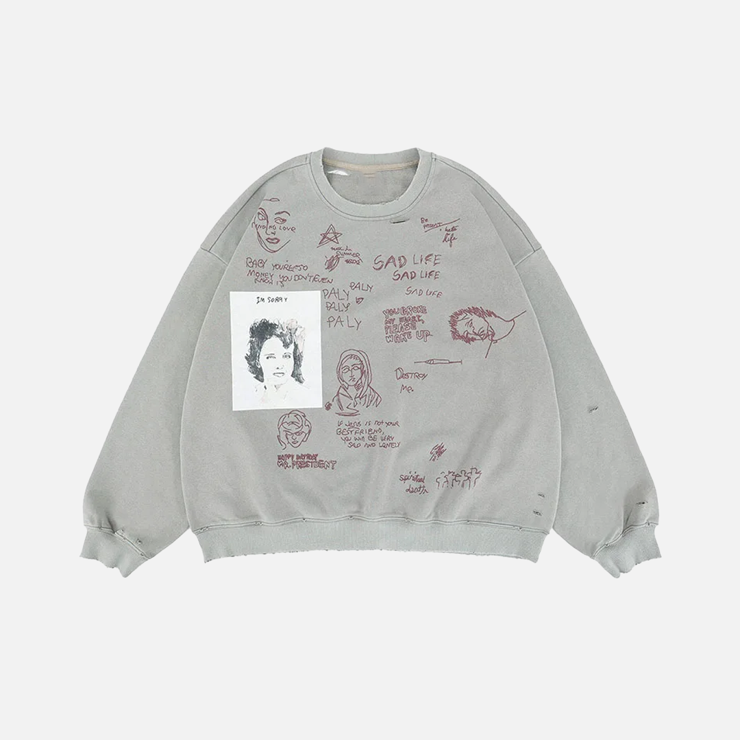 Taktik Oversize Grafiti Baskılı Sweatshirt