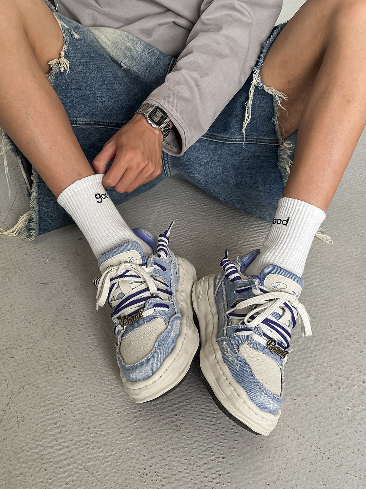 Nakış Yazılı Eskitme Denim Platform Sneaker
