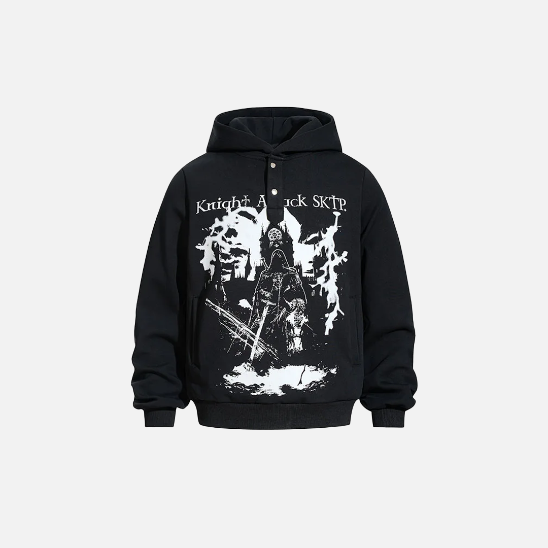 Gotik Baskılı Bol Kesim Kapüşonlu Sweatshirt