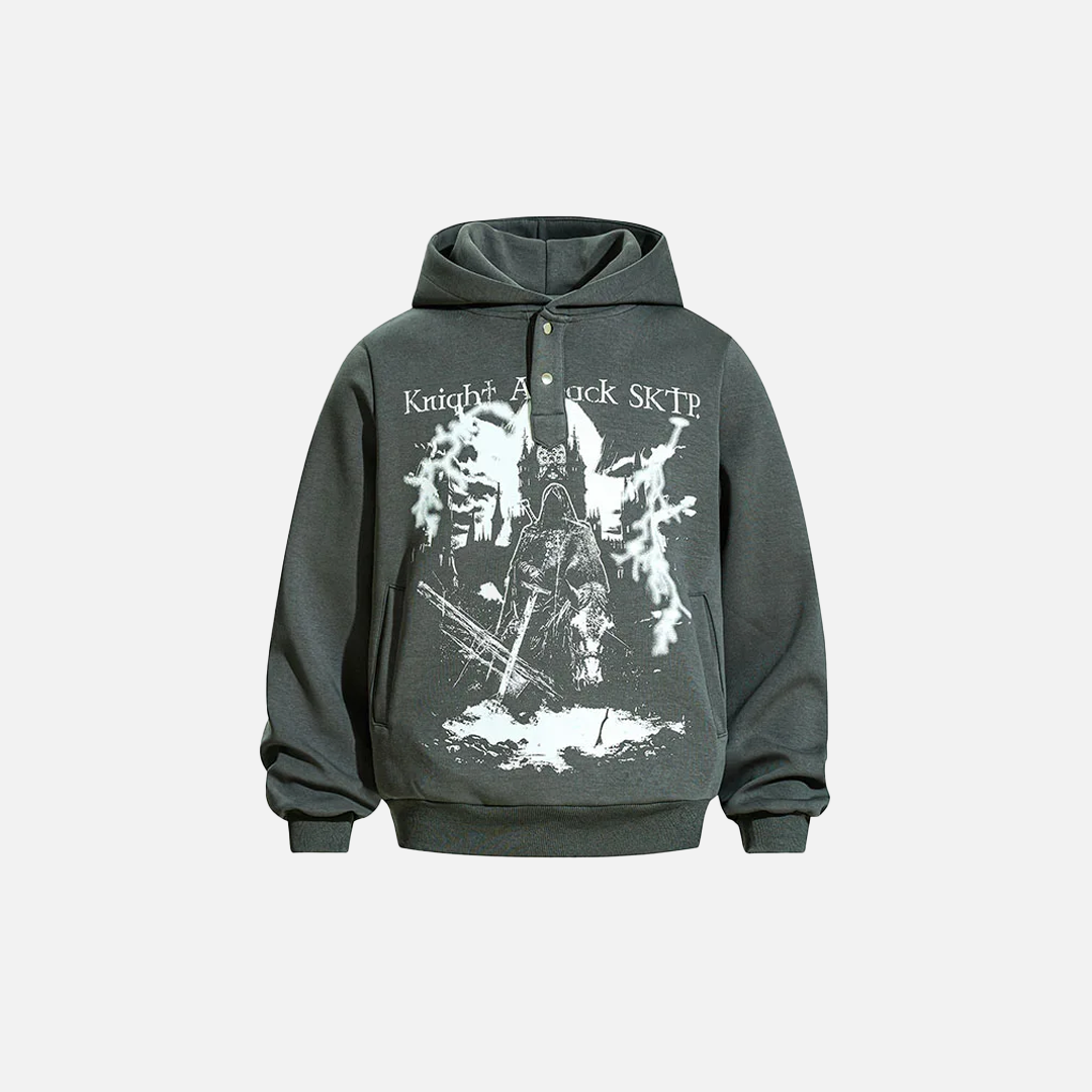 Gotik Baskılı Bol Kesim Kapüşonlu Sweatshirt