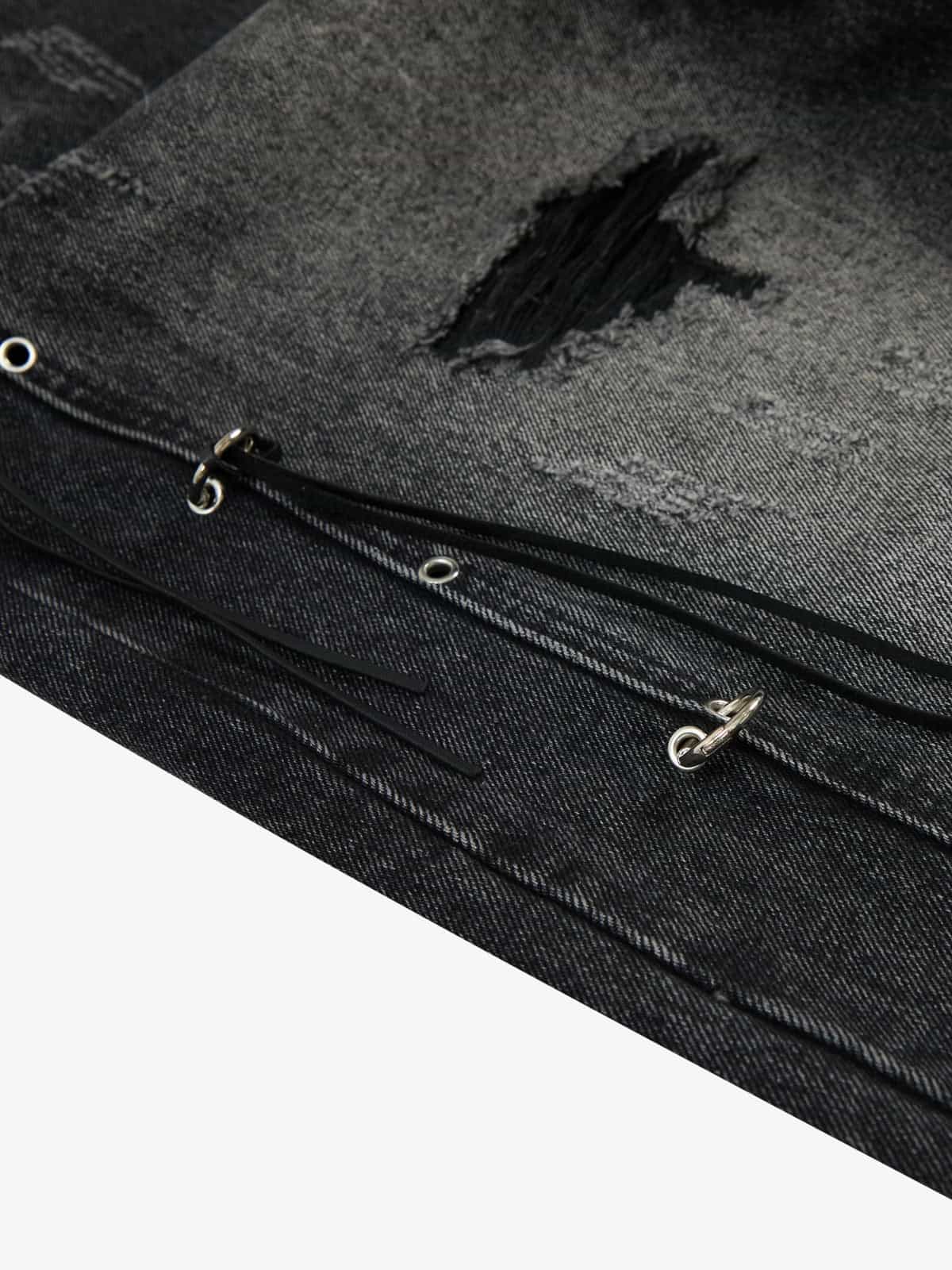 Bol Kesim Metal Halkalı Yıpratılmış Vintage Kot Pantolon Naxro