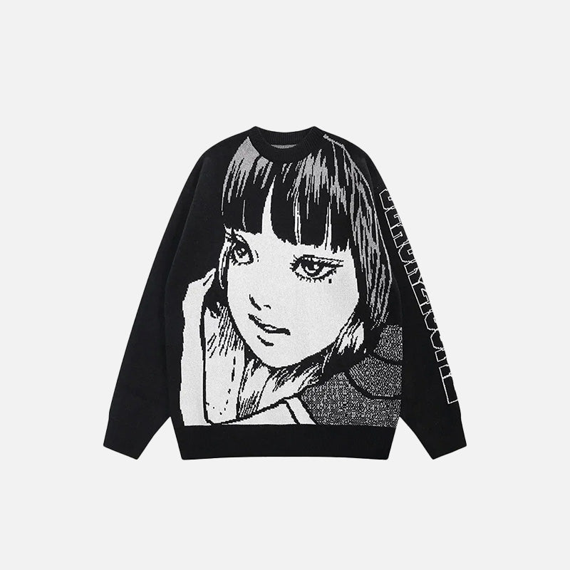 Retro Anime Desenli Örgü Kazak