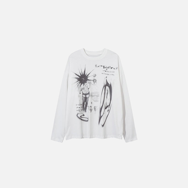 Front view of the white Graphic Dreamscape Sweater in a gray background