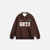Front view of the brown Y2K Loose Sports Sweatshirt in a gray background