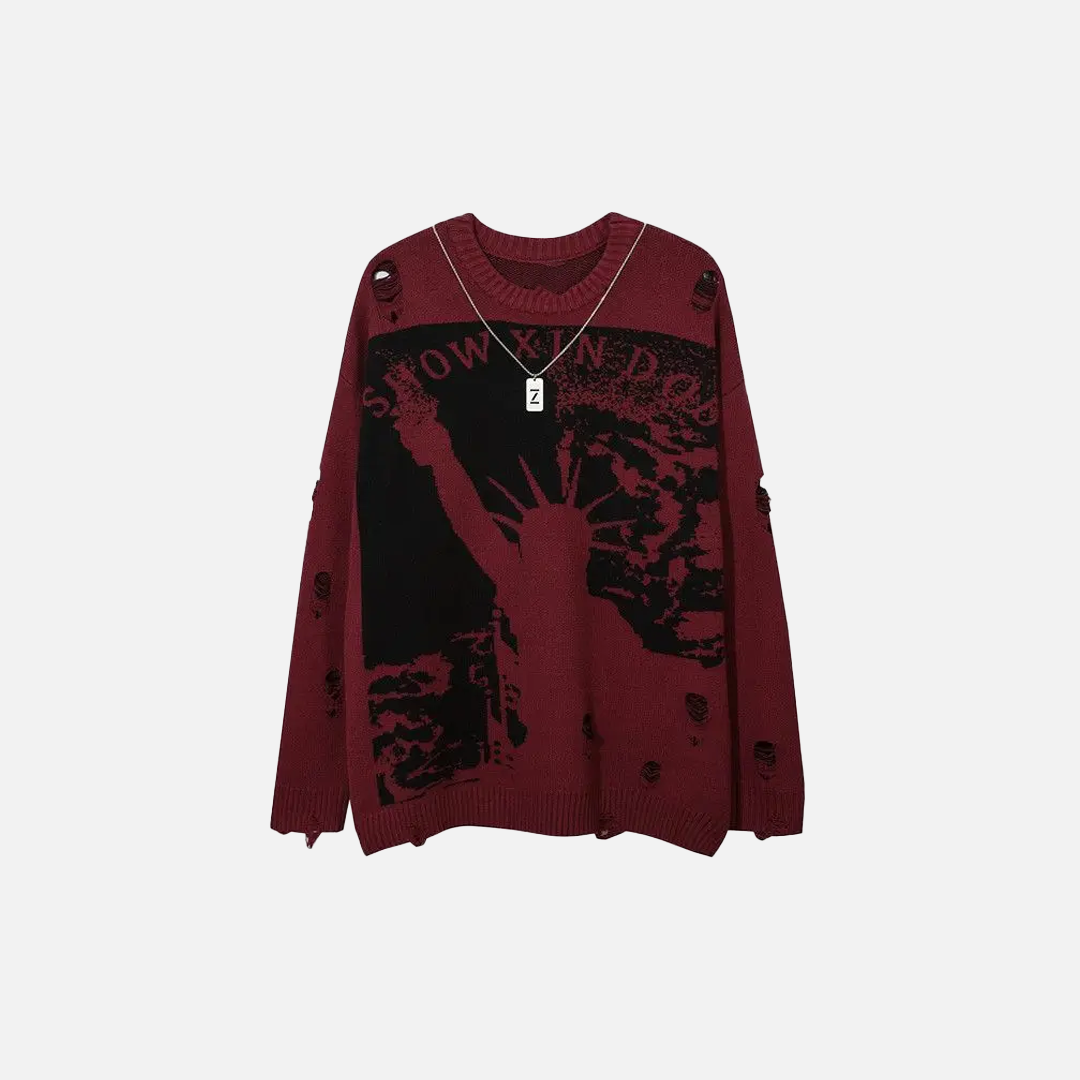 Gotik Sokak Stili Yırtık Detaylı Liberty Grunge Örgü Kazak