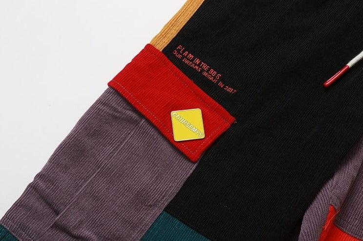 Renkli Patchwork Fitilli Kadife Kargo Pantolon