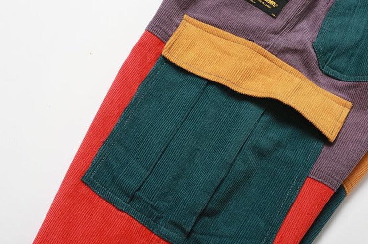 Renkli Patchwork Fitilli Kadife Kargo Pantolon