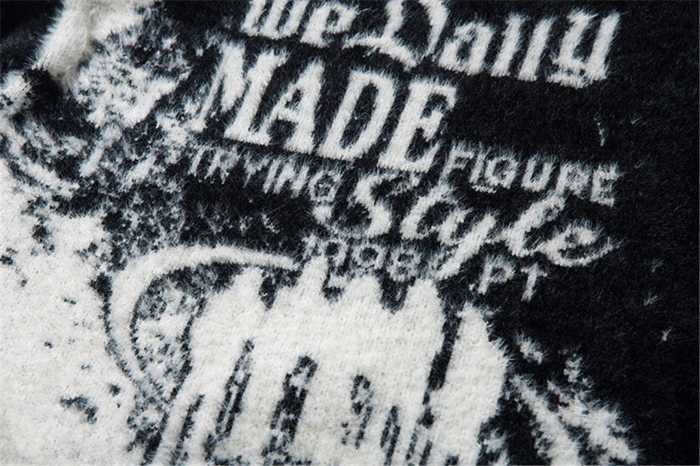Kadın Moda Retro Harf Desenli Hip Hop Örgü Kazak