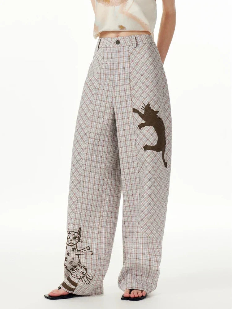 Kedi Baskılı Ekose Geniş Paça Jogger