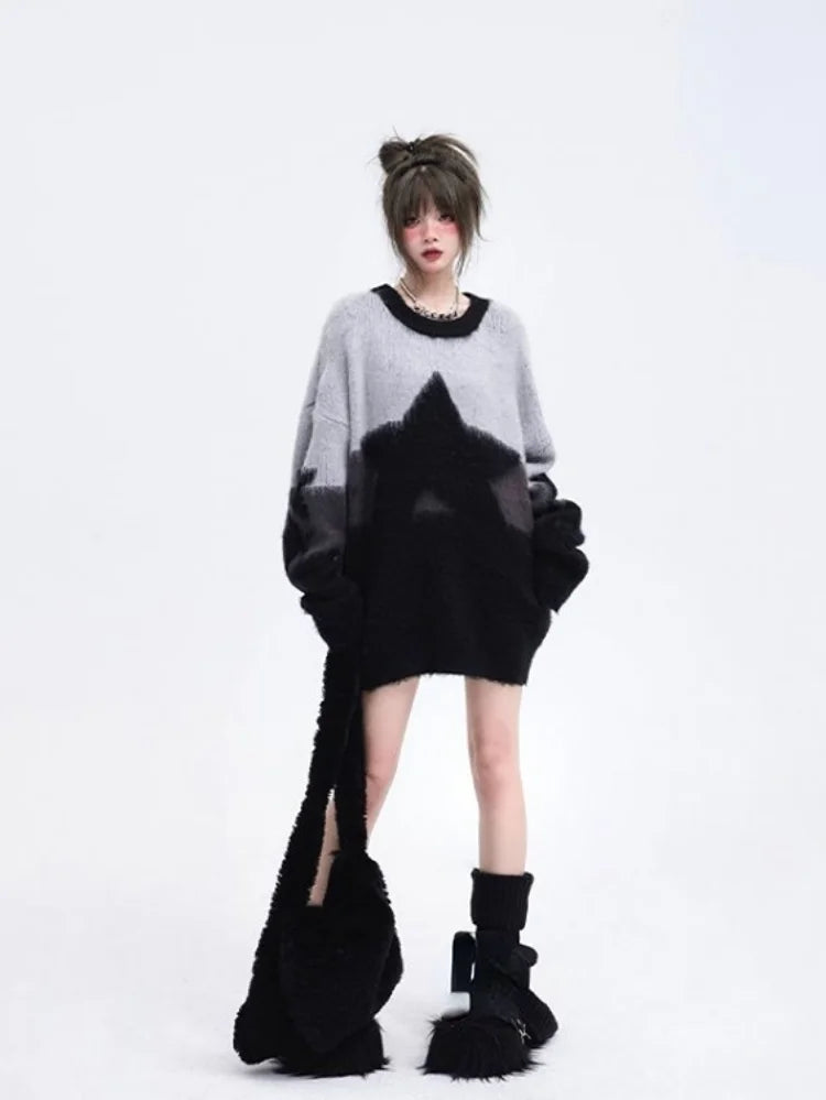 Japon Tarzı Oversize Vintage Yıldız Nakışlı Kazak