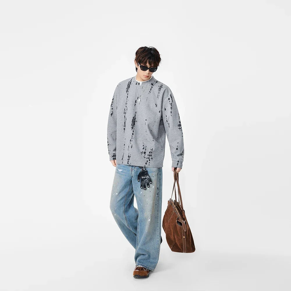 Eskitme Batik Desenli Bisiklet Yaka Sweatshirt