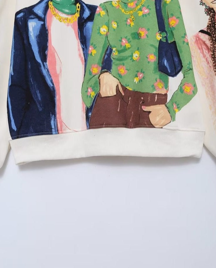 Kız Karikatür Baskılı Günlük Polar Sweatshirt