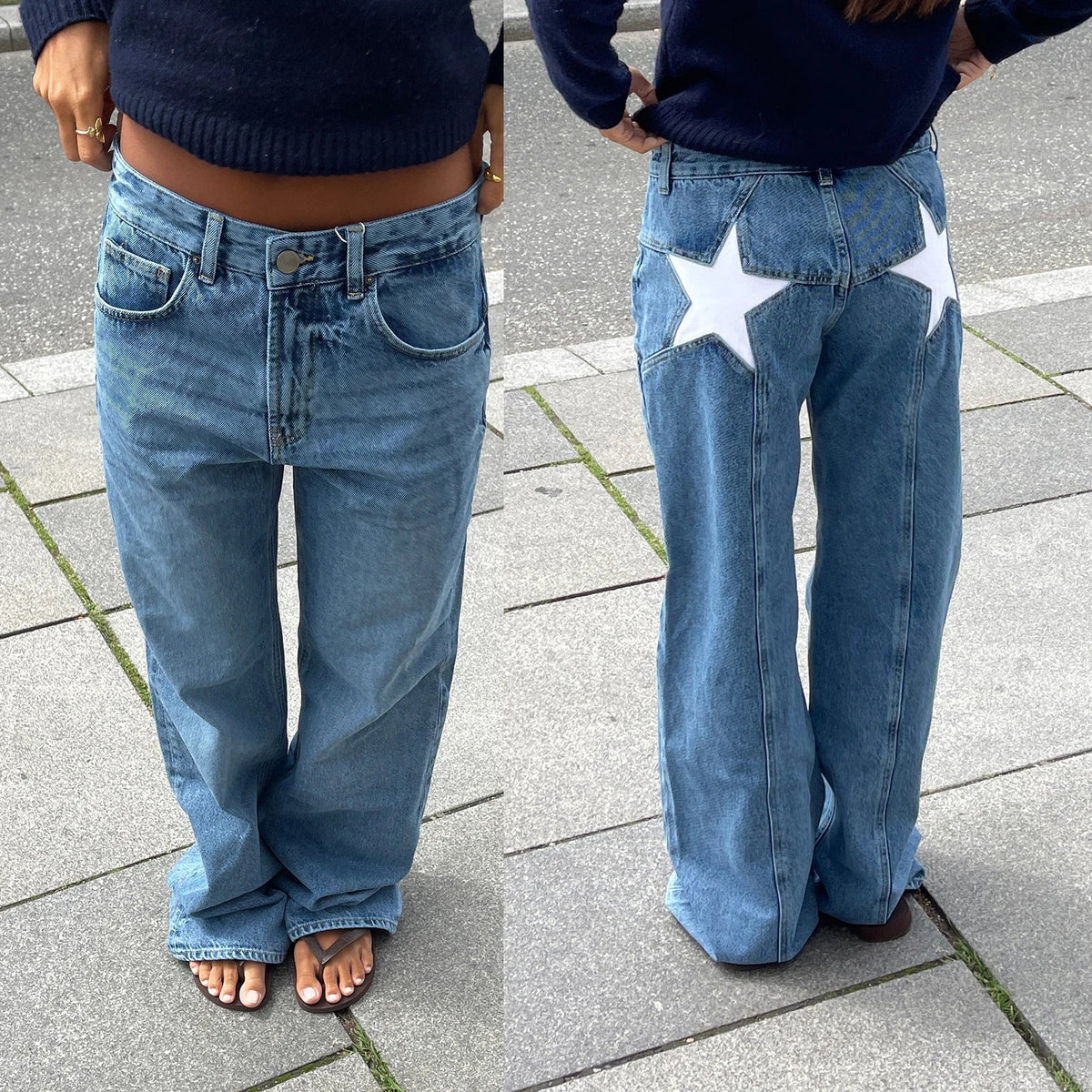 Y2K Yıldız Baskılı Jean Pantolon, detay görünüm — Navra Wear