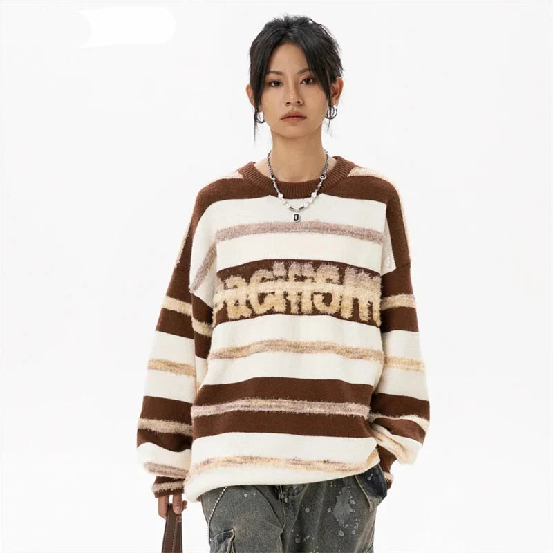 Çizgili Açık Omuz Oversize Kazak