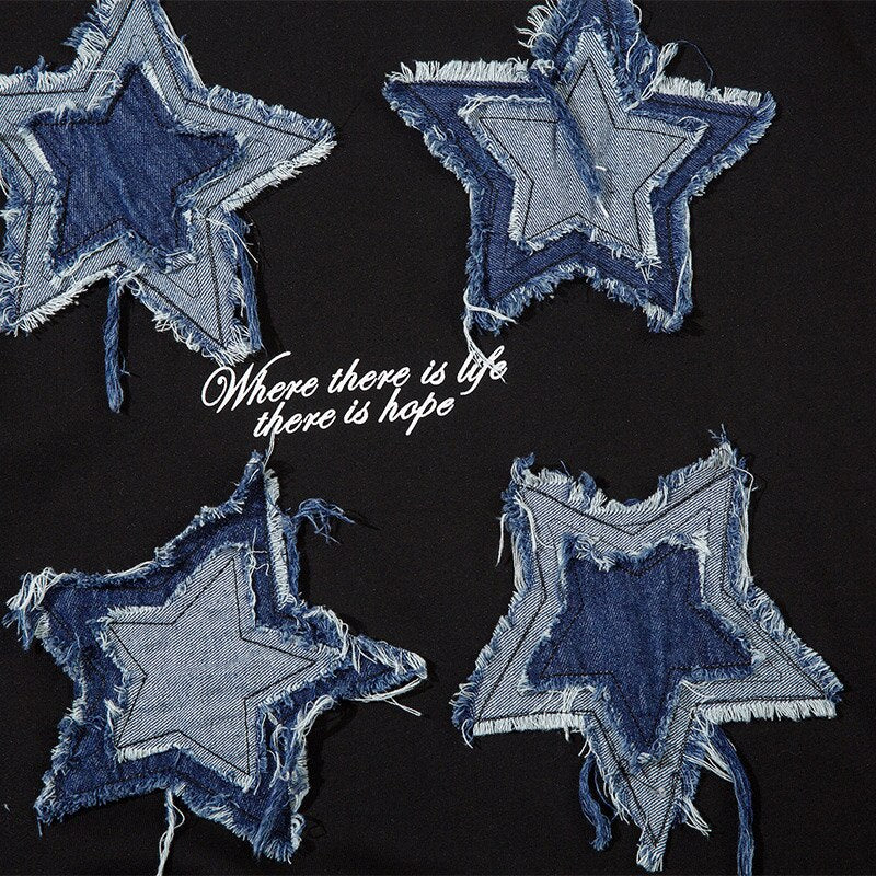 Denim Yıldız Ham Kenarlı Sweatshirt