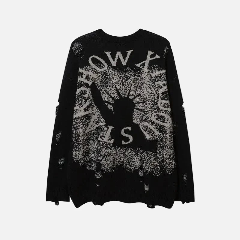 Gotik Sokak Stili Yırtık Detaylı Liberty Grunge Örgü Kazak