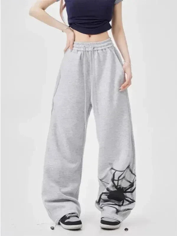 Y2K Wide Leg Örümcek Baskılı Jogger, önden görünüm — Navra Wear