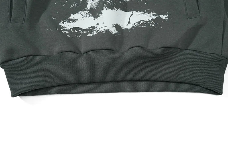 Gotik Baskılı Bol Kesim Kapüşonlu Sweatshirt