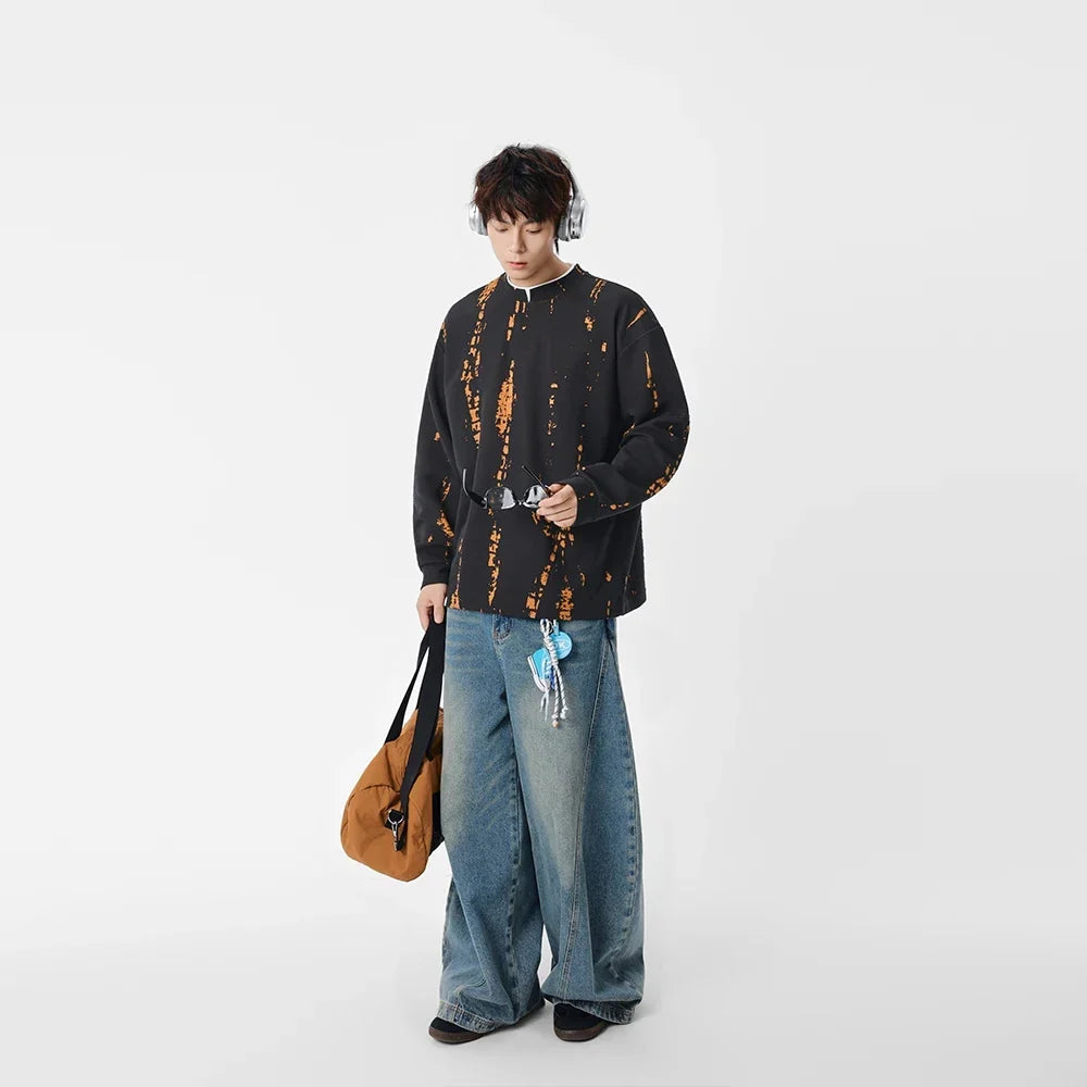 Eskitme Batik Desenli Bisiklet Yaka Sweatshirt