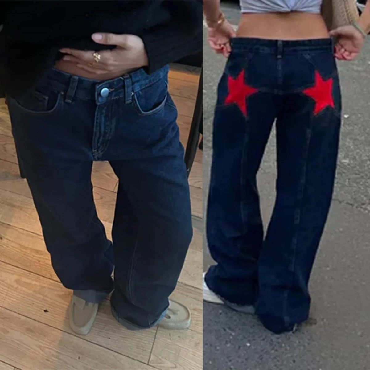 Y2K Yıldız Baskılı Jean Pantolon, stil görünüm — Navra Wear