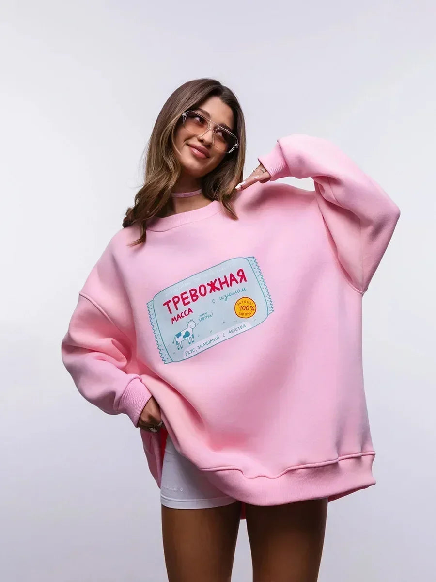Kadın Oversize Bisiklet Yaka Sıcak Tutan Sweatshirt
