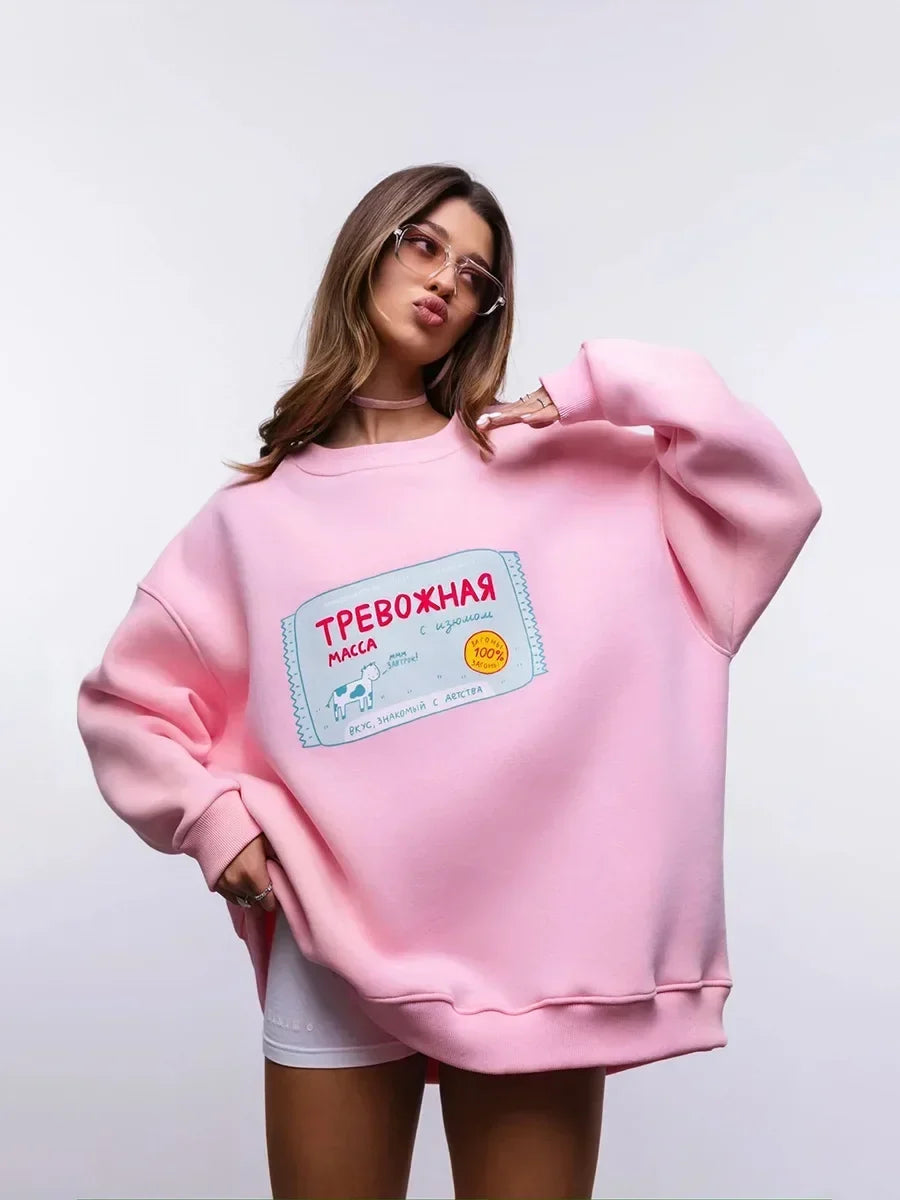 Kadın Oversize Bisiklet Yaka Sıcak Tutan Sweatshirt