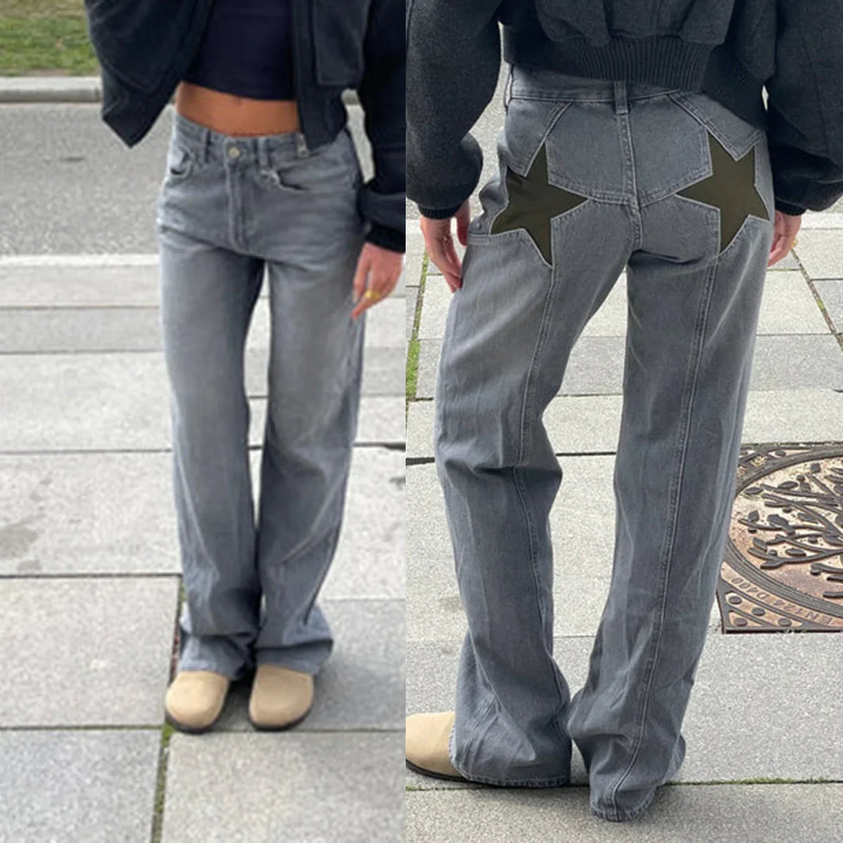 Y2K Yıldız Baskılı Jean Pantolon, kombin görünüm — Navra Wear