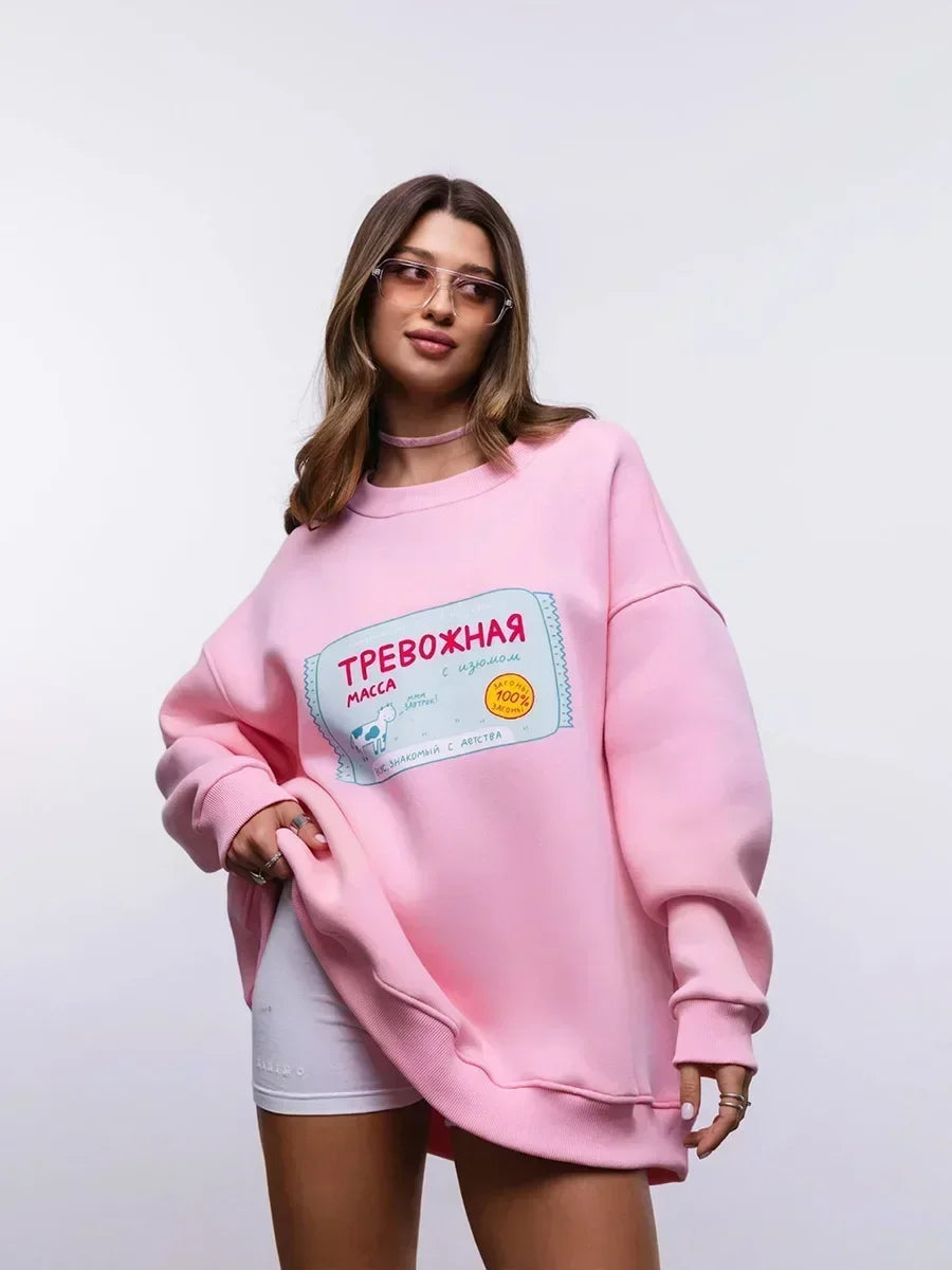 Kadın Oversize Bisiklet Yaka Sıcak Tutan Sweatshirt