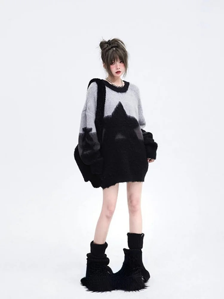 Japon Tarzı Oversize Vintage Yıldız Nakışlı Kazak
