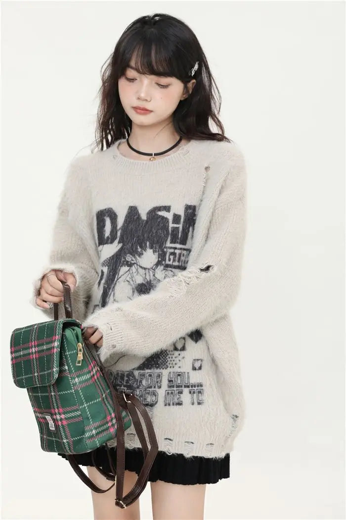 Japon Tarzı Gotik Vintage Yırtık Detaylı Kazak