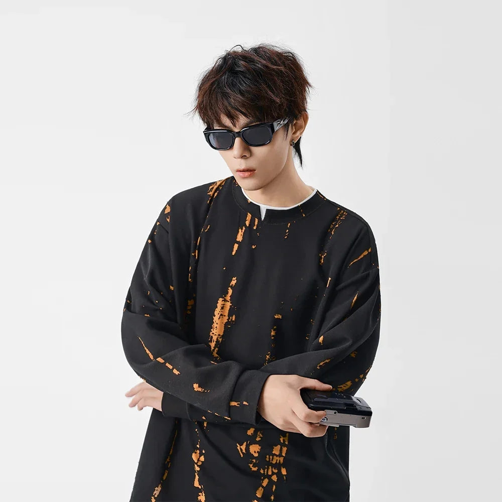 Eskitme Batik Desenli Bisiklet Yaka Sweatshirt