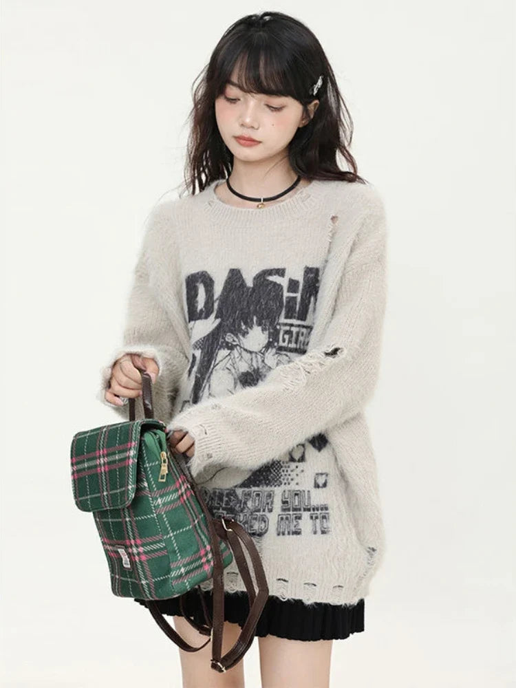 Japon Tarzı Gotik Vintage Yırtık Detaylı Kazak