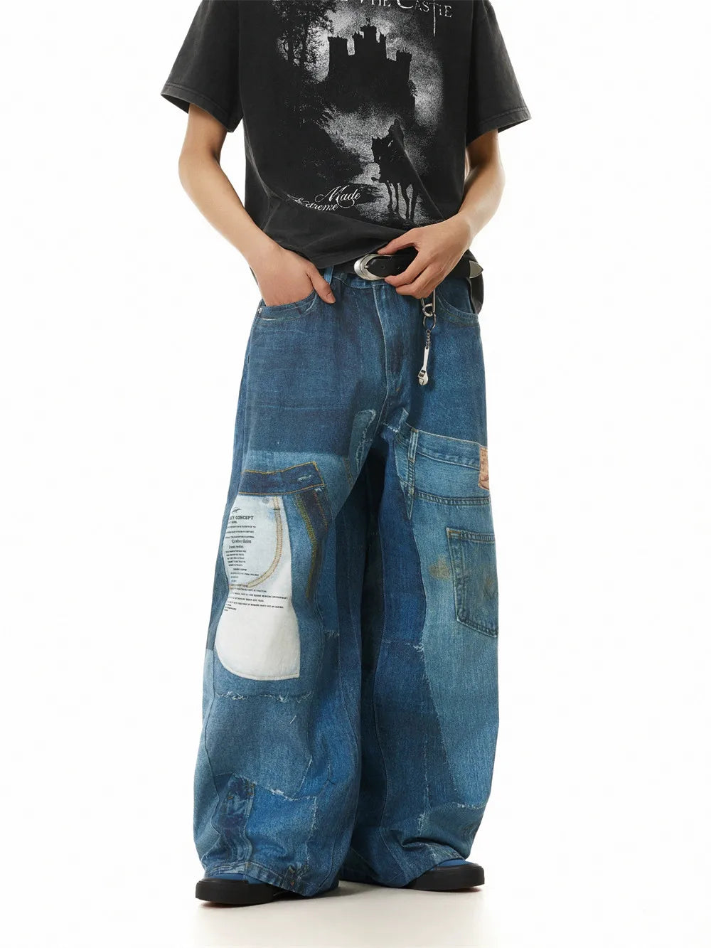 Patchwork Detaylı Balon Paça Kot Pantolon