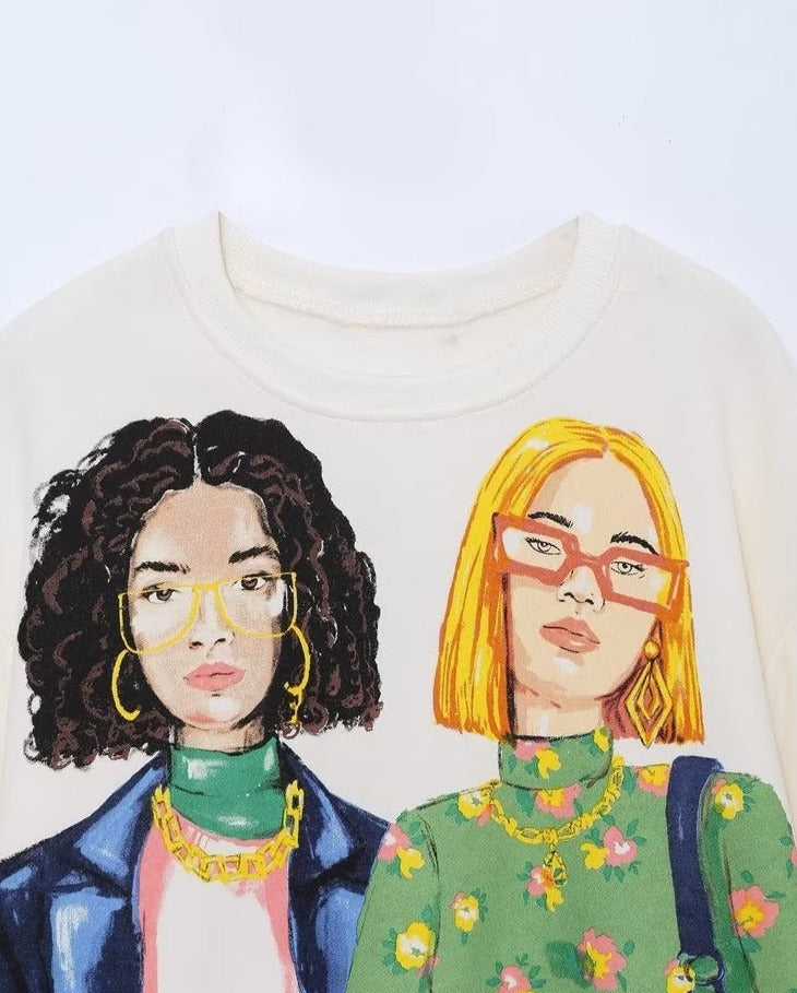 Kız Karikatür Baskılı Günlük Polar Sweatshirt