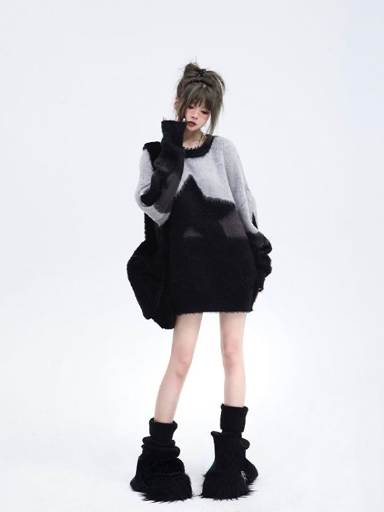Japon Tarzı Oversize Vintage Yıldız Nakışlı Kazak