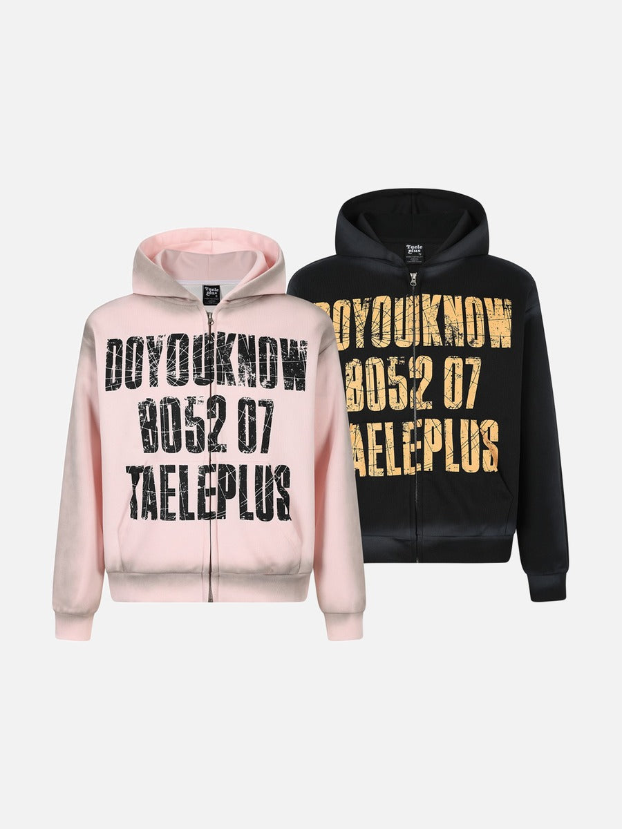 Eskitme Grafik Baskılı Kapüşonlu Fermuarlı Sweatshirt