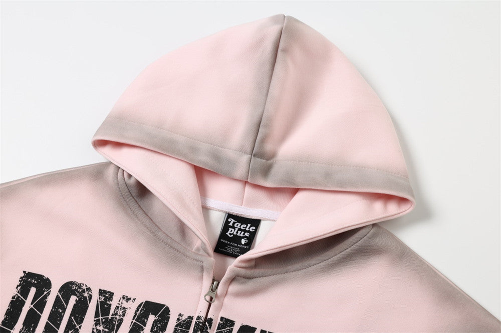Eskitme Grafik Baskılı Kapüşonlu Fermuarlı Sweatshirt