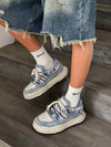 Nakış Yazılı Eskitme Denim Platform Sneaker