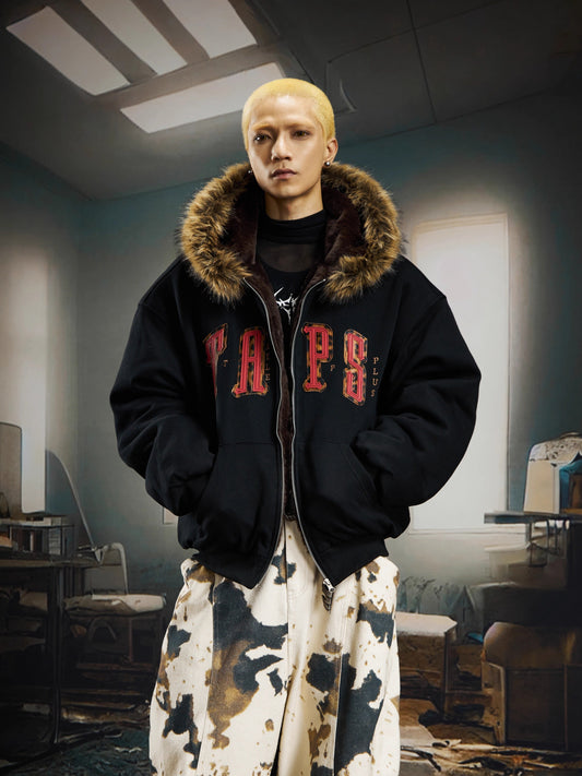 Faux Fur Collar Oversized Logo Coat