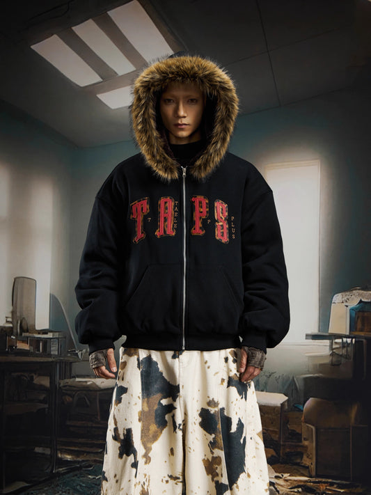 Faux Fur Collar Oversized Logo Coat