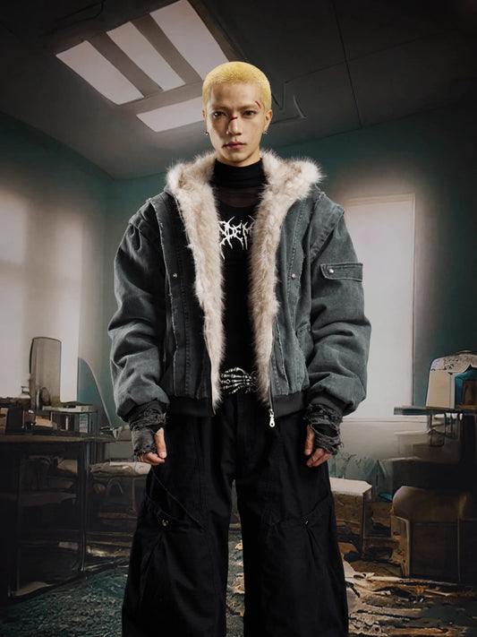 Grey Suede Textured Faux Fur Detailed Bomber Jacket