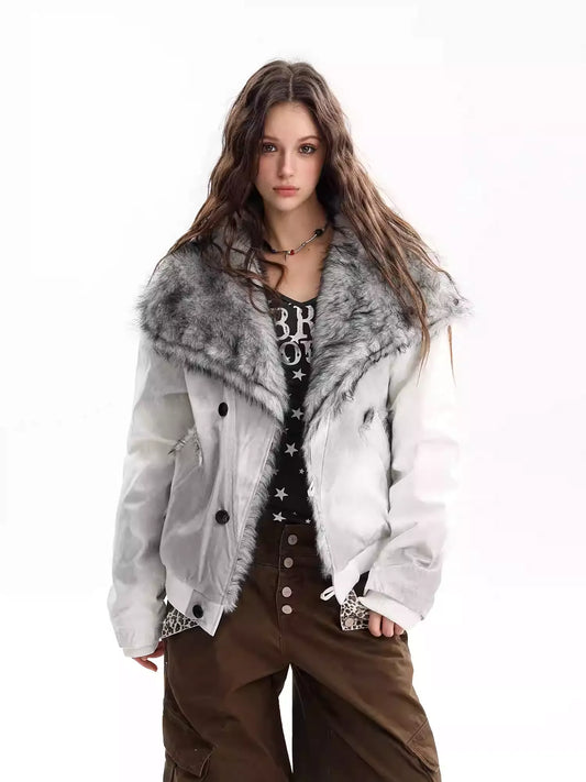 Elegant Wide-Collar Faux Fur Detailed Jacket