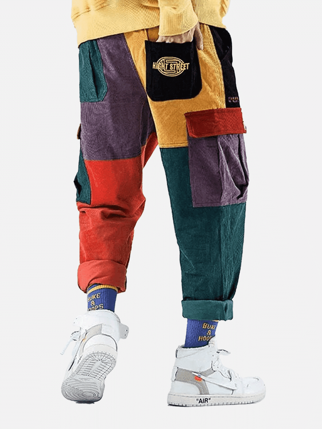 Renkli Patchwork Fitilli Kadife Kargo Pantolon